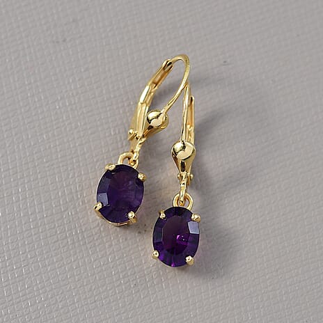 African Amethyst  Solitaire Lever Back Earring in 18K YG Vermeil Sterling Silver 2.32ct