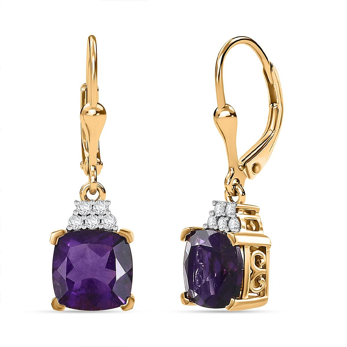 AAA African Amethyst & White Zircon Solitaire Lever Back Earrings in 18K Vermeil Yellow Gold Plated Sterling Silver 4.52 Ct.