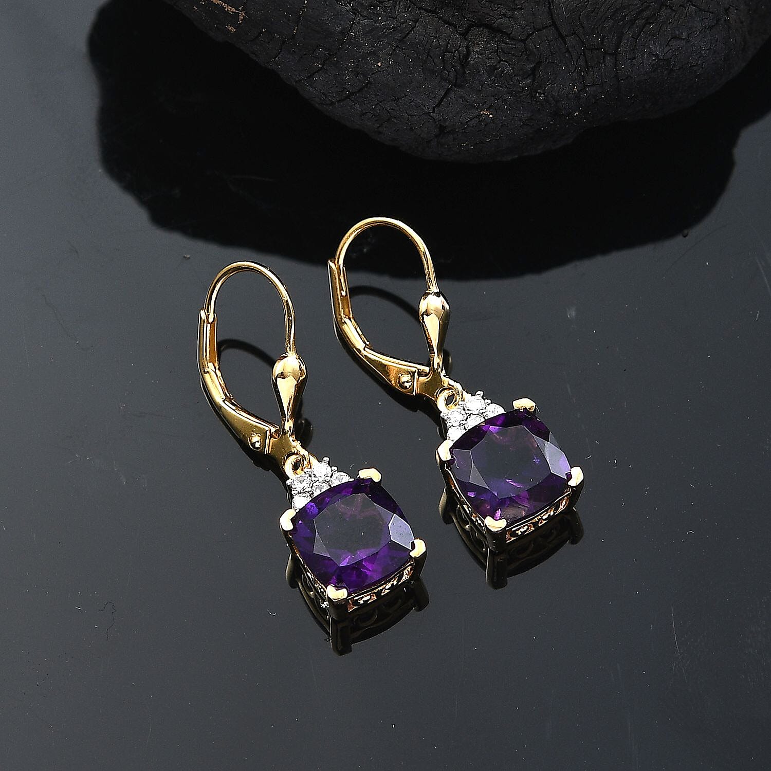 AAA African Amethyst & White Zircon Solitaire Lever Back Earrings in 18K Vermeil Yellow Gold Plated Sterling Silver 4.52 Ct.