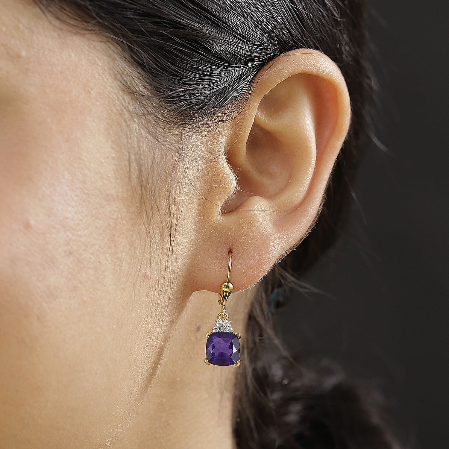 AAA African Amethyst & White Zircon Solitaire Lever Back Earrings in 18K Vermeil Yellow Gold Plated Sterling Silver 4.52 Ct.