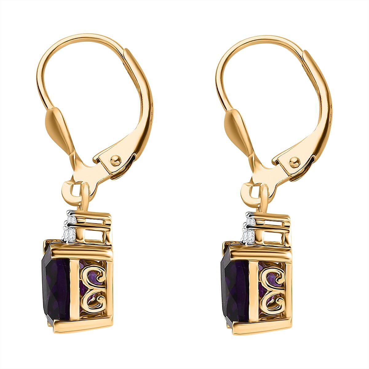 AAA African Amethyst & White Zircon Solitaire Lever Back Earrings in 18K Vermeil Yellow Gold Plated Sterling Silver 4.52 Ct.