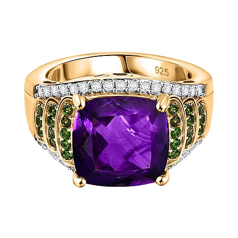 AAA African Amethyst, Natural Chrome Diopside & White Zircon Ring in 18K Vermeil Yellow Gold Plated Sterling Silver 6.43 Ct.