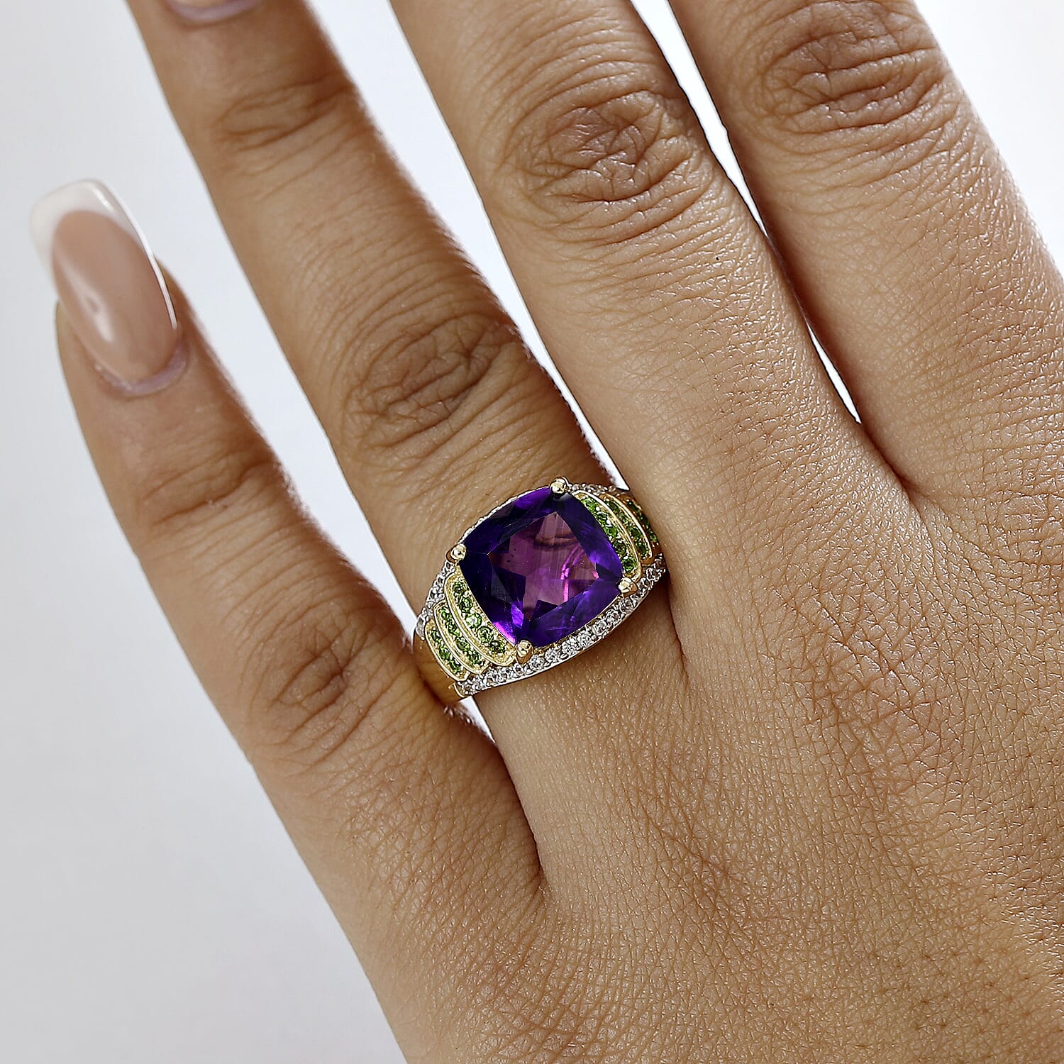 AAA African Amethyst, Natural Chrome Diopside & White Zircon Ring in 18K Vermeil Yellow Gold Plated Sterling Silver 6.43 Ct.