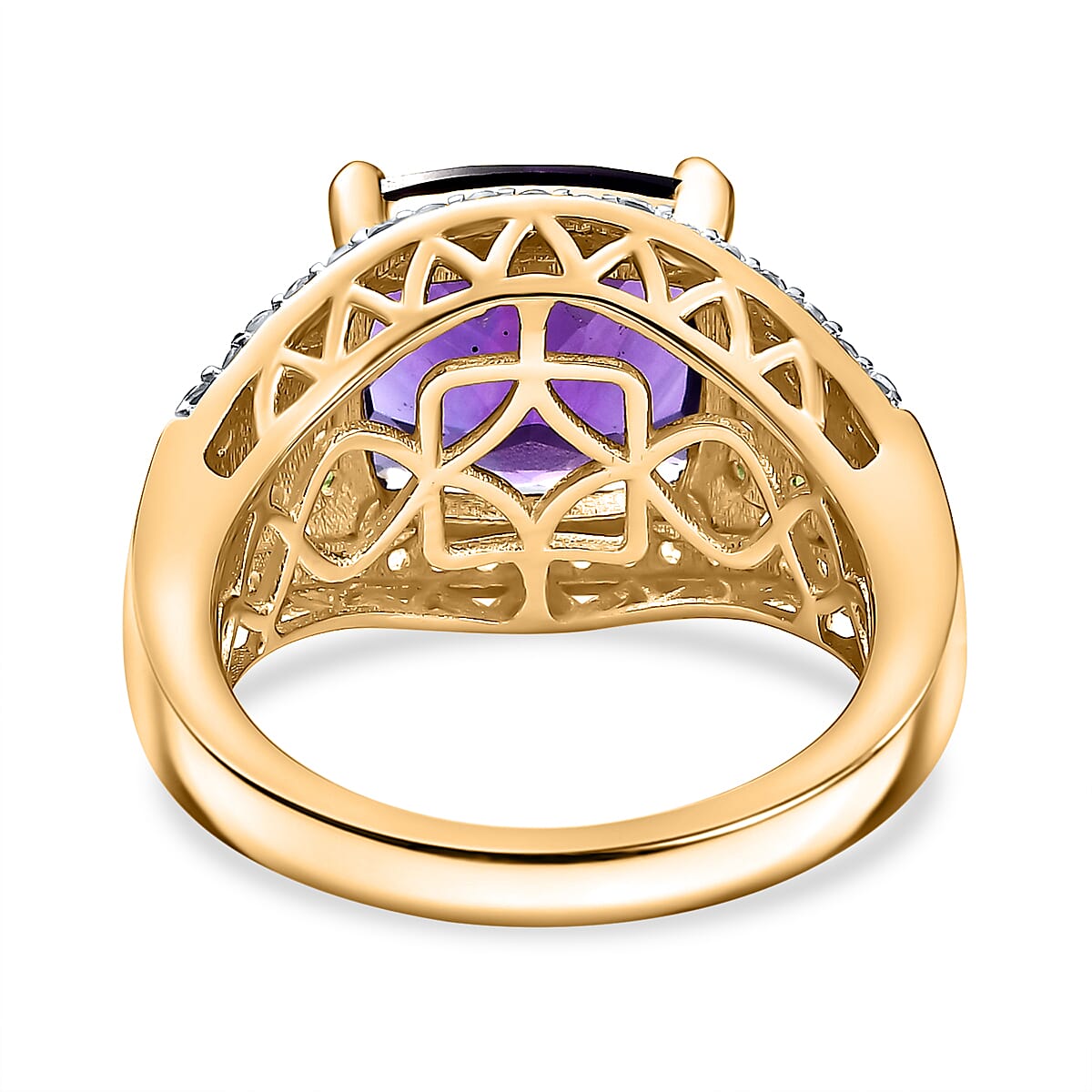 AAA African Amethyst, Natural Chrome Diopside & White Zircon Ring in 18K Vermeil Yellow Gold Plated Sterling Silver 6.43 Ct.