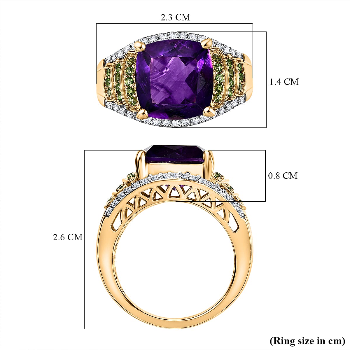 AAA African Amethyst, Natural Chrome Diopside & White Zircon Ring in 18K Vermeil Yellow Gold Plated Sterling Silver 6.43 Ct.