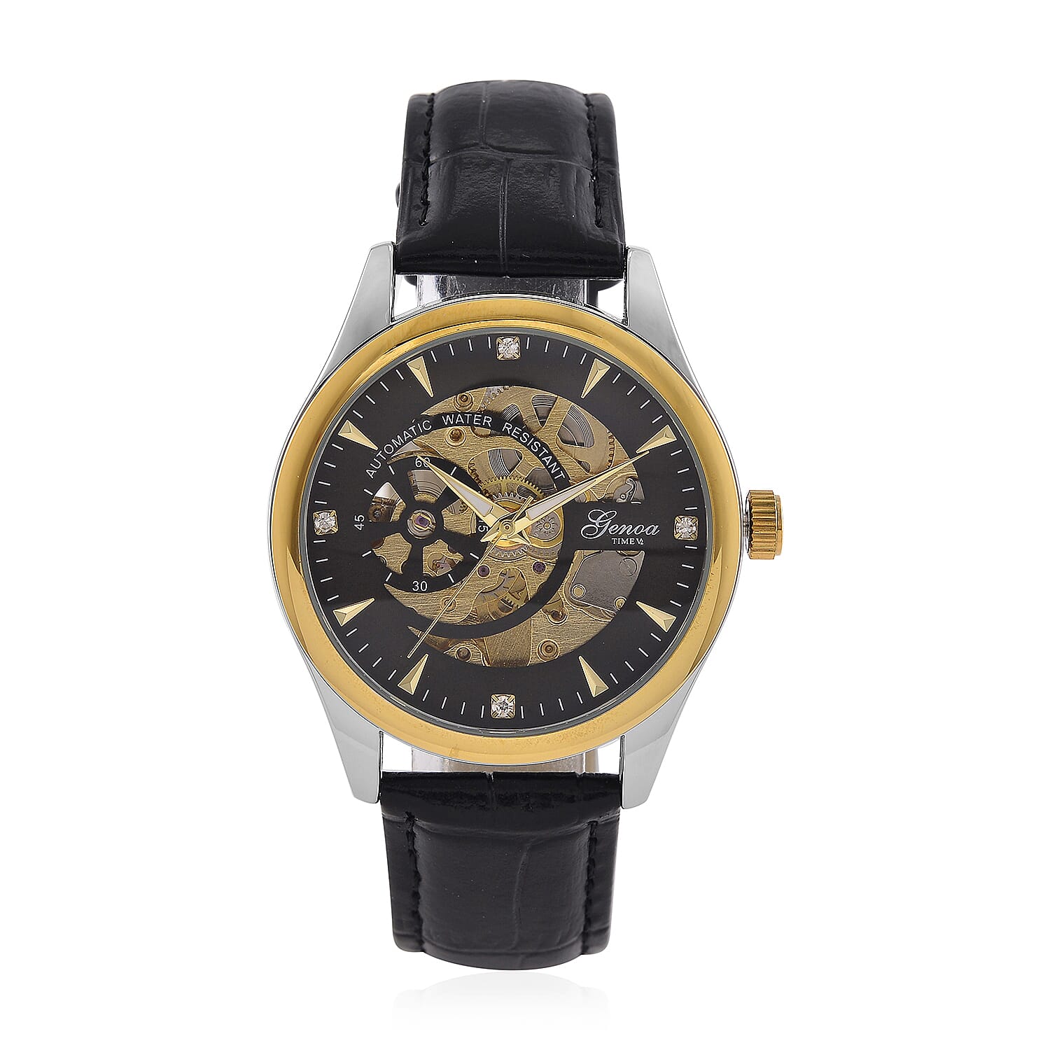 GENOA TIME Limited Edition Automatic Movt. 3ATM Water Resistant Watch With Skeleton Dial & Exhibition Back with Black Leather Strap Presented in a Gift Box