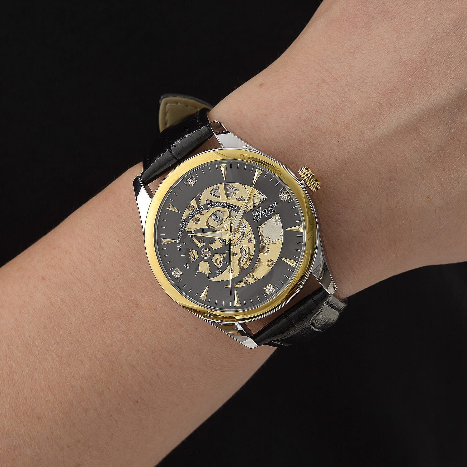 GENOA TIME Limited Edition Automatic Movt. 3ATM Water Resistant Watch With Skeleton Dial & Exhibition Back with Black Leather Strap Presented in a Gift Box