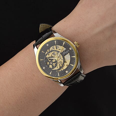 GENOA TIME Limited Edition Automatic Movt. 3ATM Water Resistant Watch With Skeleton Dial & Exhibition Back with Black Leather Strap Presented in a Gift Box