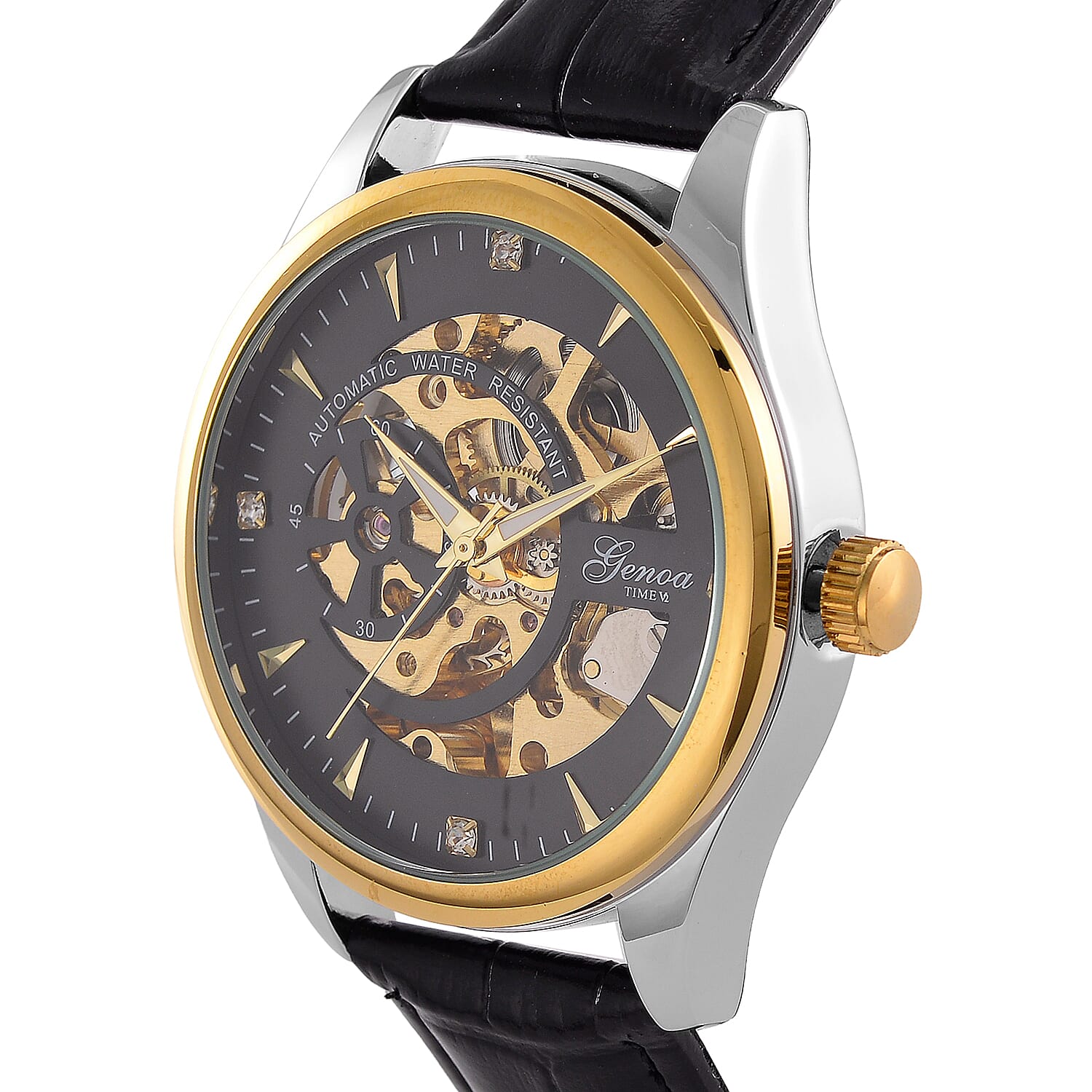 GENOA TIME Limited Edition Automatic Movt. 3ATM Water Resistant Watch With Skeleton Dial & Exhibition Back with Black Leather Strap Presented in a Gift Box