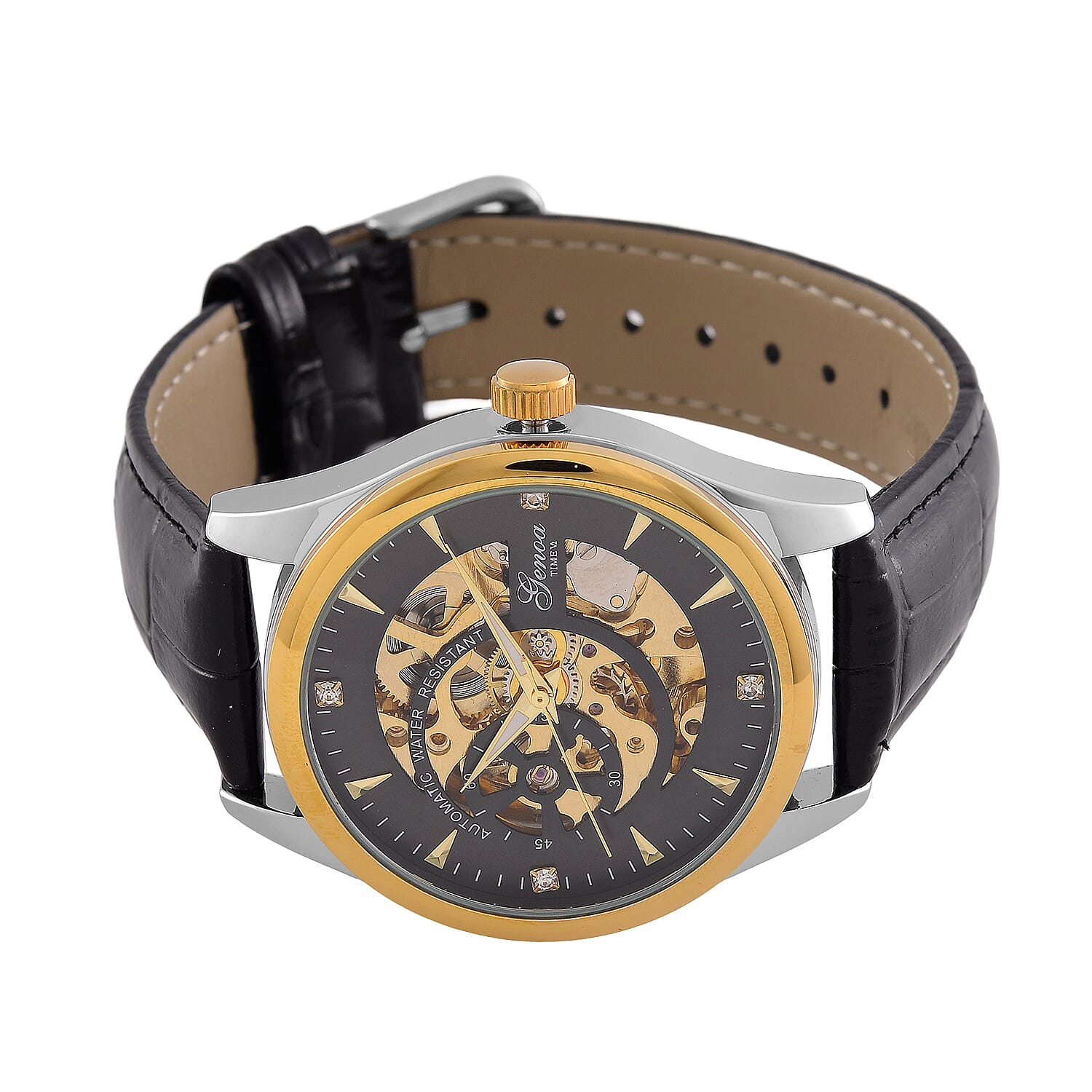 GENOA TIME Limited Edition Automatic Movt. 3ATM Water Resistant Watch With Skeleton Dial & Exhibition Back with Black Leather Strap Presented in a Gift Box