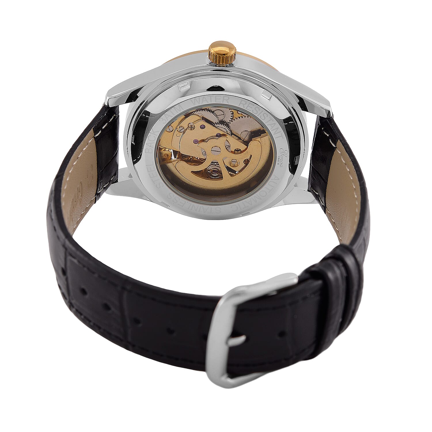 GENOA TIME Limited Edition Automatic Movt. 3ATM Water Resistant Watch With Skeleton Dial & Exhibition Back with Black Leather Strap Presented in a Gift Box