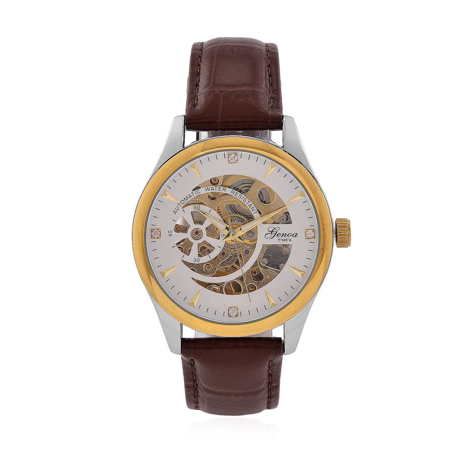 GENOA TIME Limited Edition Automatic Movt. 3ATM Water Resistant Watch With Skeleton Dial & Exhibition Back with Brown Leather Strap Presented in a Gift Box