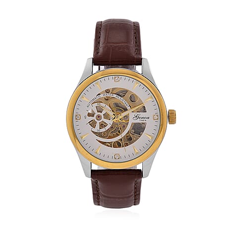 GENOA TIME Limited Edition Automatic Movt. 3ATM Water Resistant Watch With Skeleton Dial & Exhibition Back with Brown Leather Strap Presented in a Gift Box