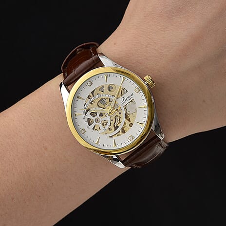 GENOA TIME Limited Edition Automatic Movt. 3ATM Water Resistant Watch With Skeleton Dial & Exhibition Back with Brown Leather Strap Presented in a Gift Box