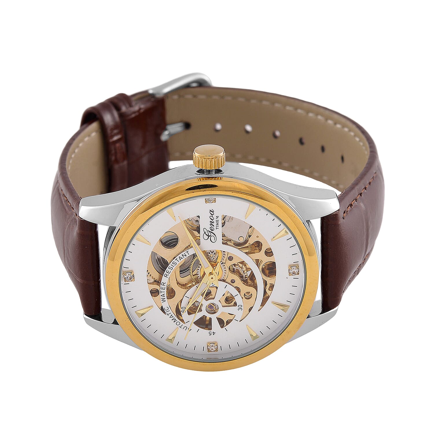GENOA TIME Limited Edition Automatic Movt. 3ATM Water Resistant Watch With Skeleton Dial & Exhibition Back with Brown Leather Strap Presented in a Gift Box