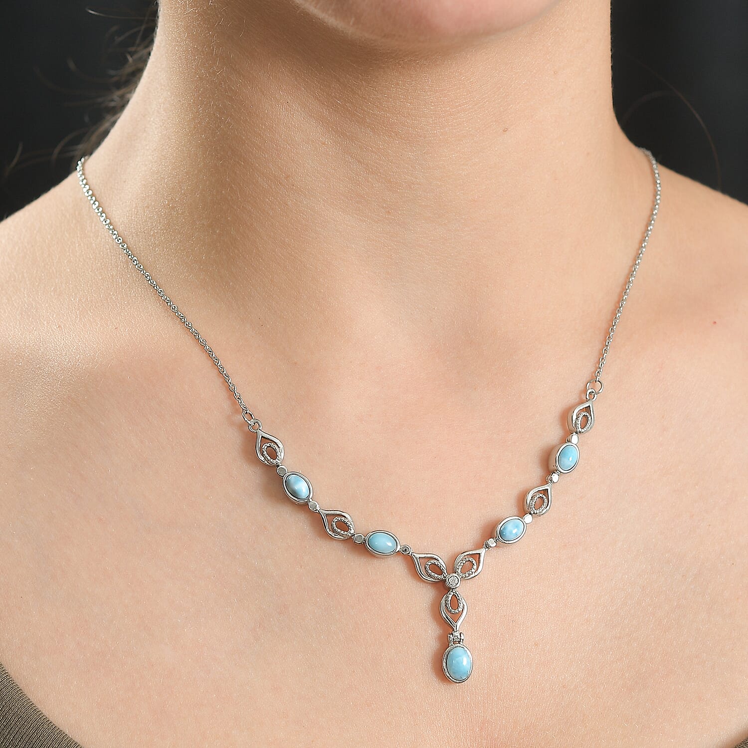 One Time Deal - Larimar & White Zircon Necklace (Size - 20) 3.42 Ct.