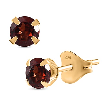 Red Garnet Solitaire Stud Push Back Earring in Yellow Gold Plated Sterling Silver 1.20 Ct.