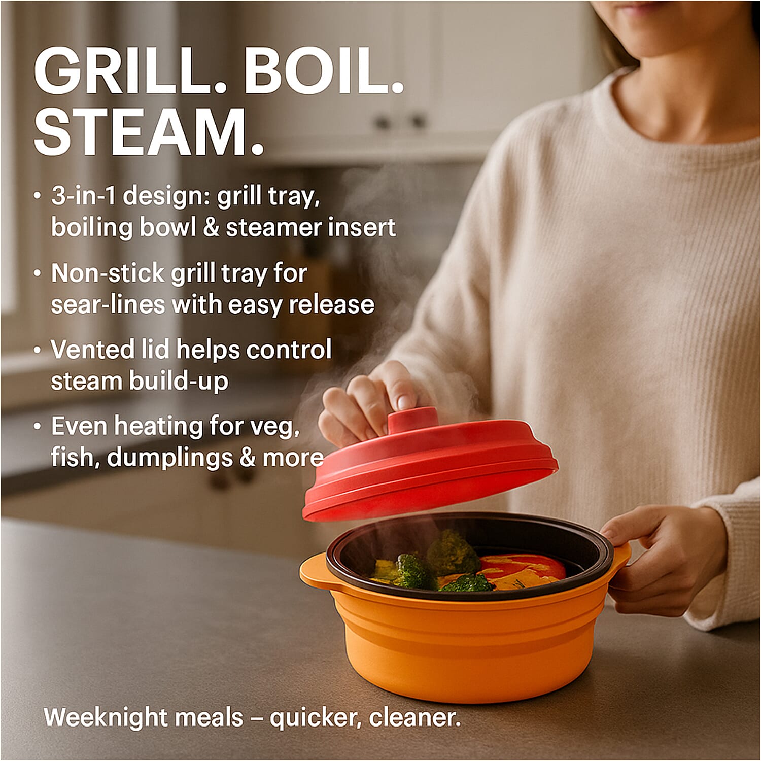 Grill, Boil, Steam - Collapsible Silicone Food Steamer with Non-Stick Grill Tray - Orange & Red