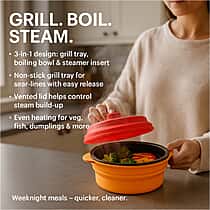 Collapsible Silicone Food Steamer with Non-Stick Grill Tray - Orange and Red