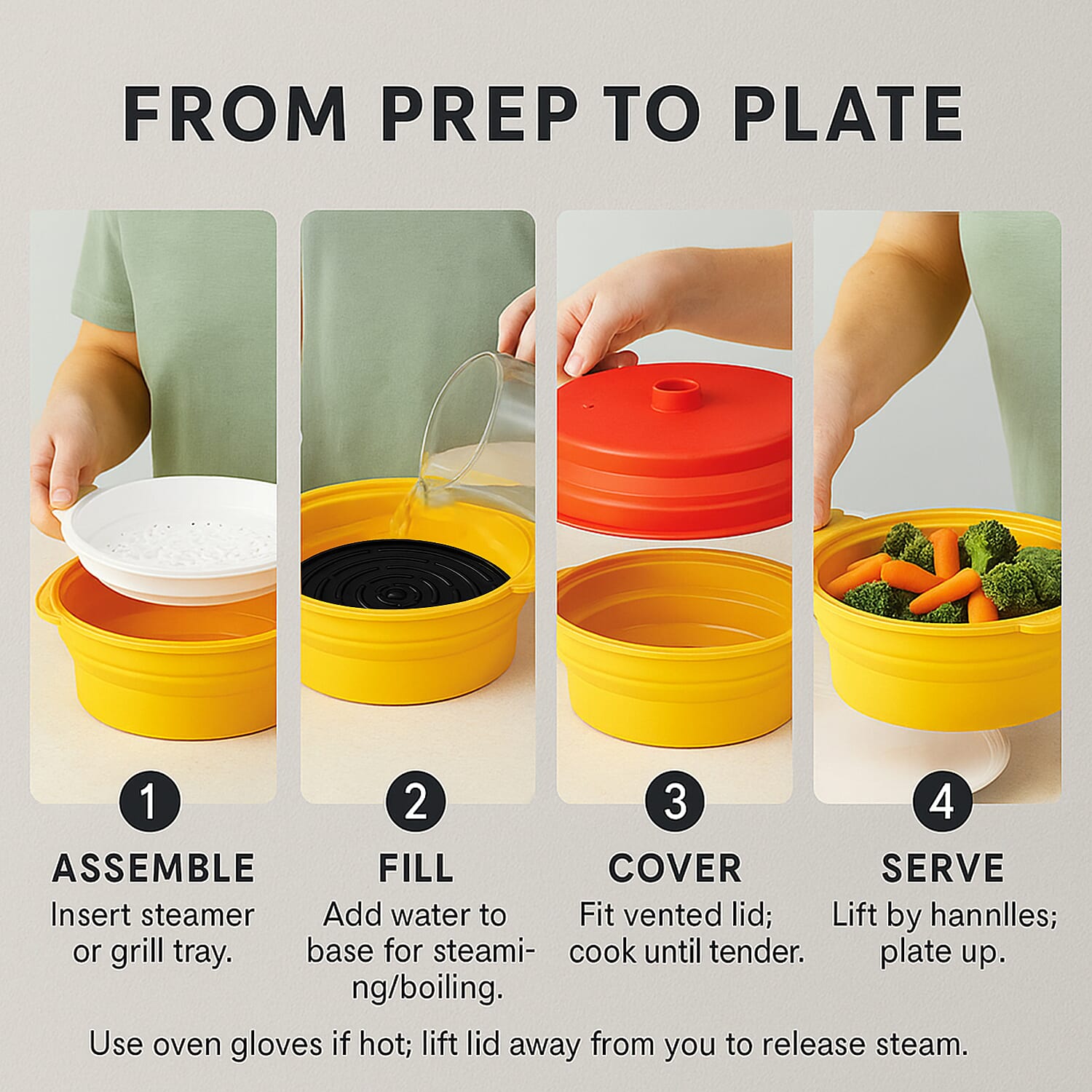 Grill, Boil, Steam - Collapsible Silicone Food Steamer with Non-Stick Grill Tray - Orange & Red