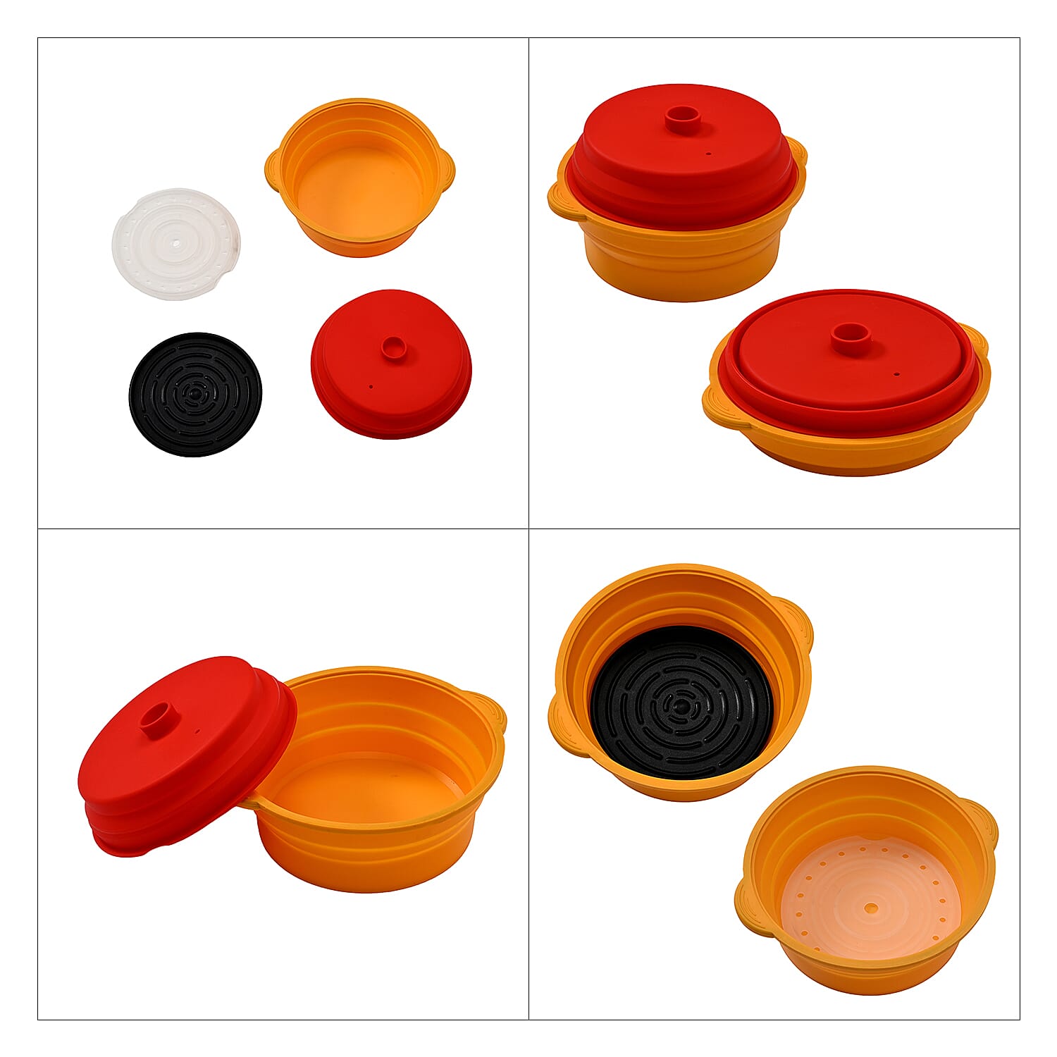 Grill, Boil, Steam - Collapsible Silicone Food Steamer with Non-Stick Grill Tray - Orange & Red