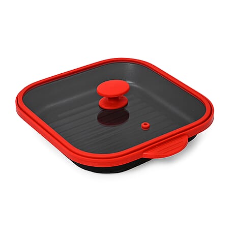 Microwave Pan - Non-Stick Silicone & Glass Cookware with Grilling Ridges - Red