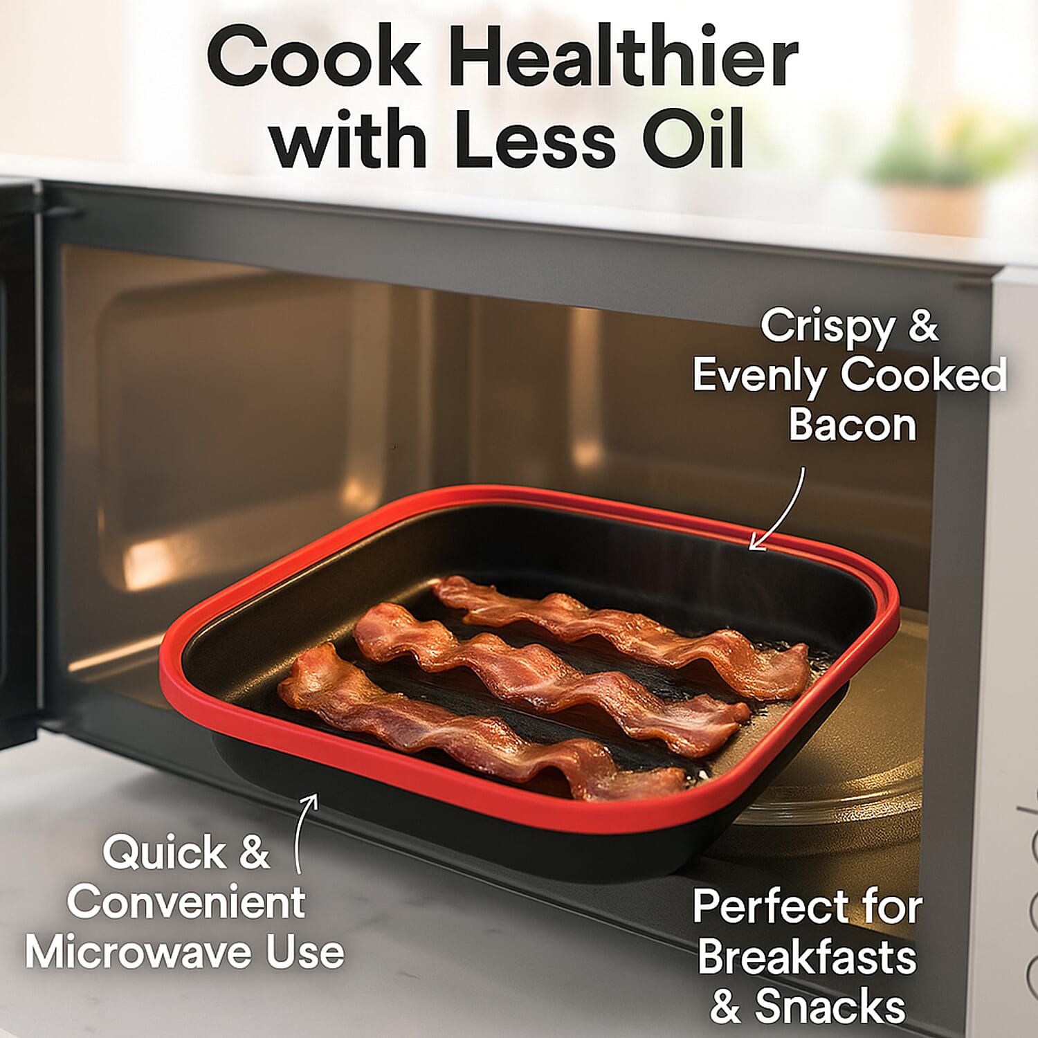 Microwave Pan - Non-Stick Silicone & Glass Cookware with Grilling Ridges - Red