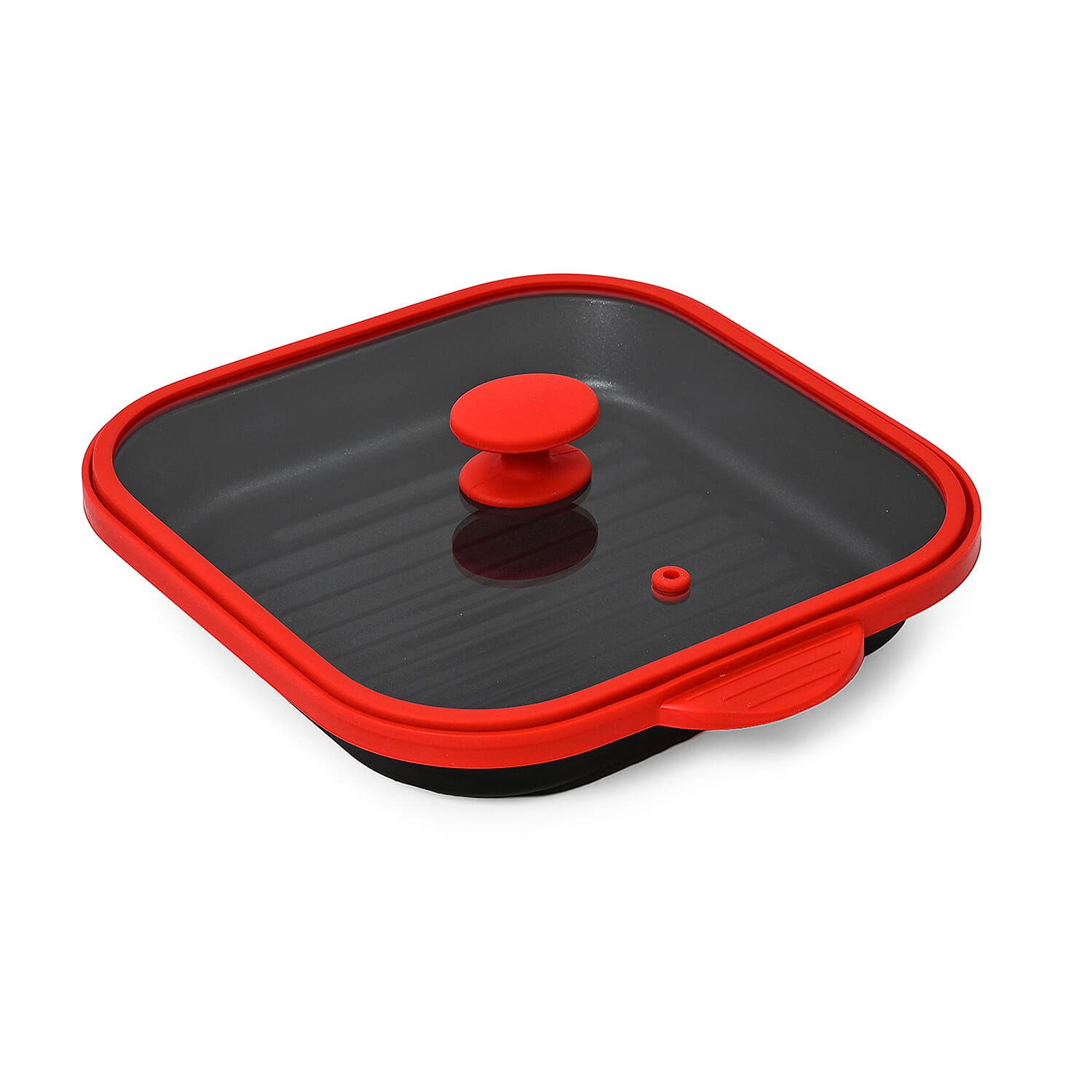 Microwave Pan - Non-Stick Silicone & Glass Cookware with Grilling Ridges - Red