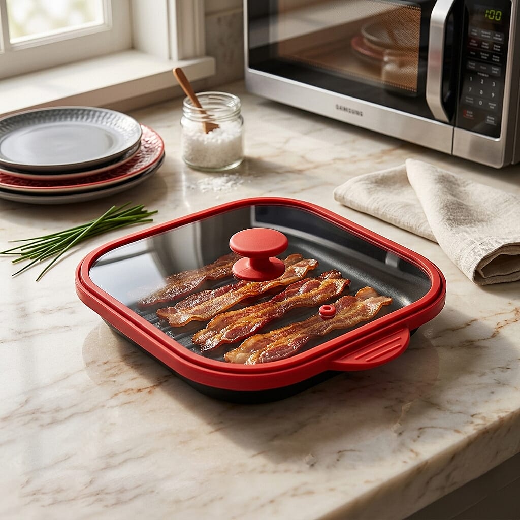 Microwave Pan - Non-Stick Silicone & Glass Cookware with Grilling Ridges - Red