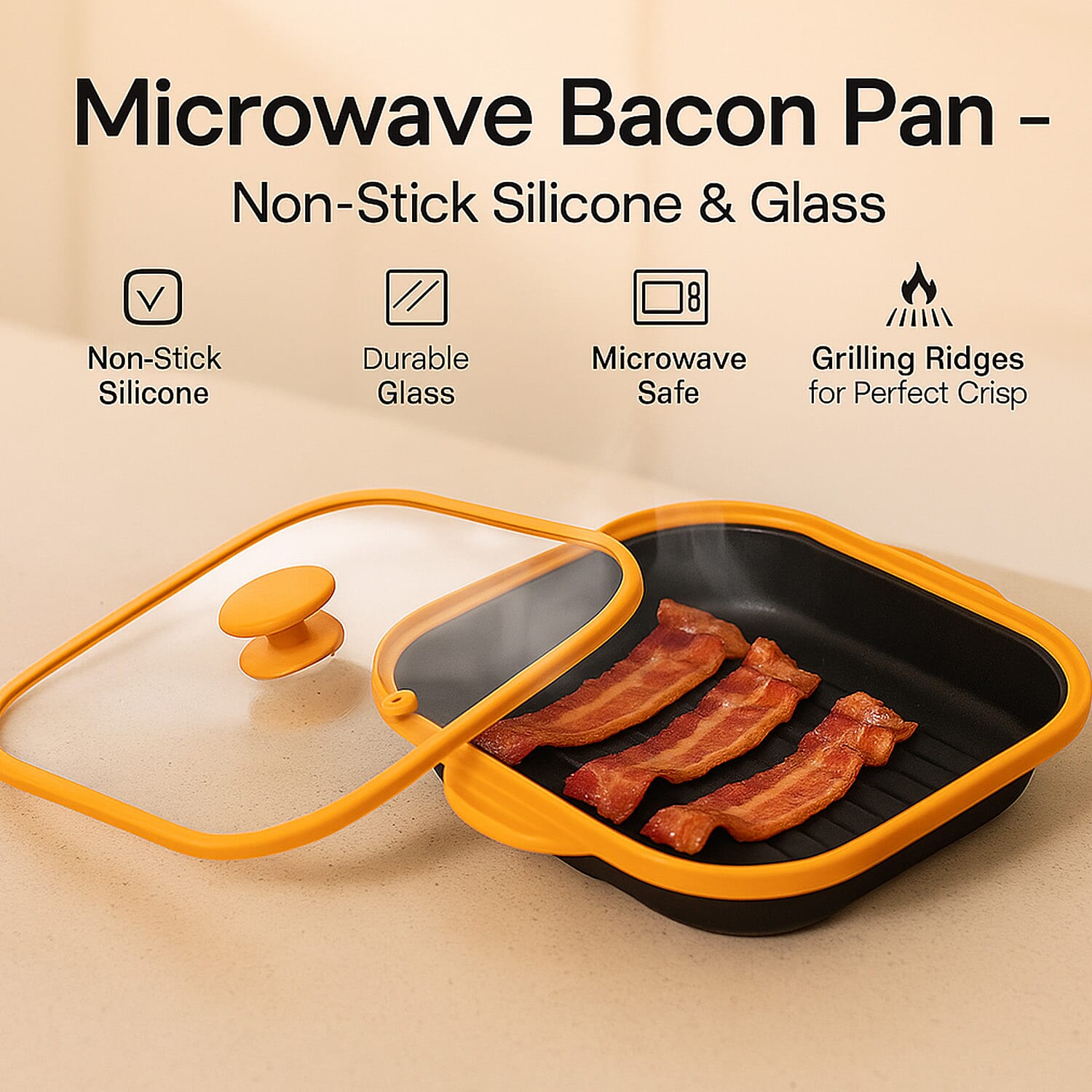 Microwave Pan - Non-Stick Silicone & Glass Cookware with Grilling Ridges - Yellow