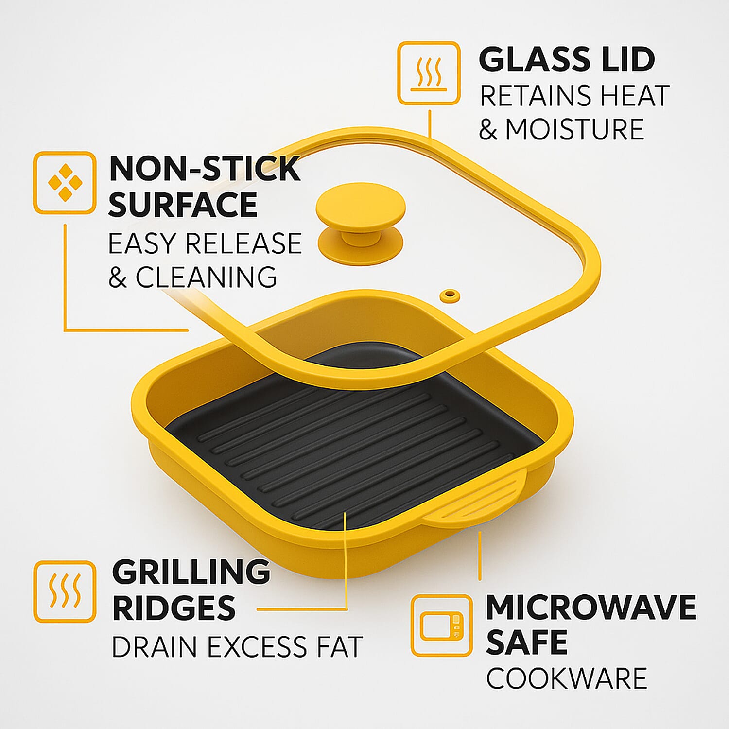 Microwave Pan - Non-Stick Silicone & Glass Cookware with Grilling Ridges - Yellow