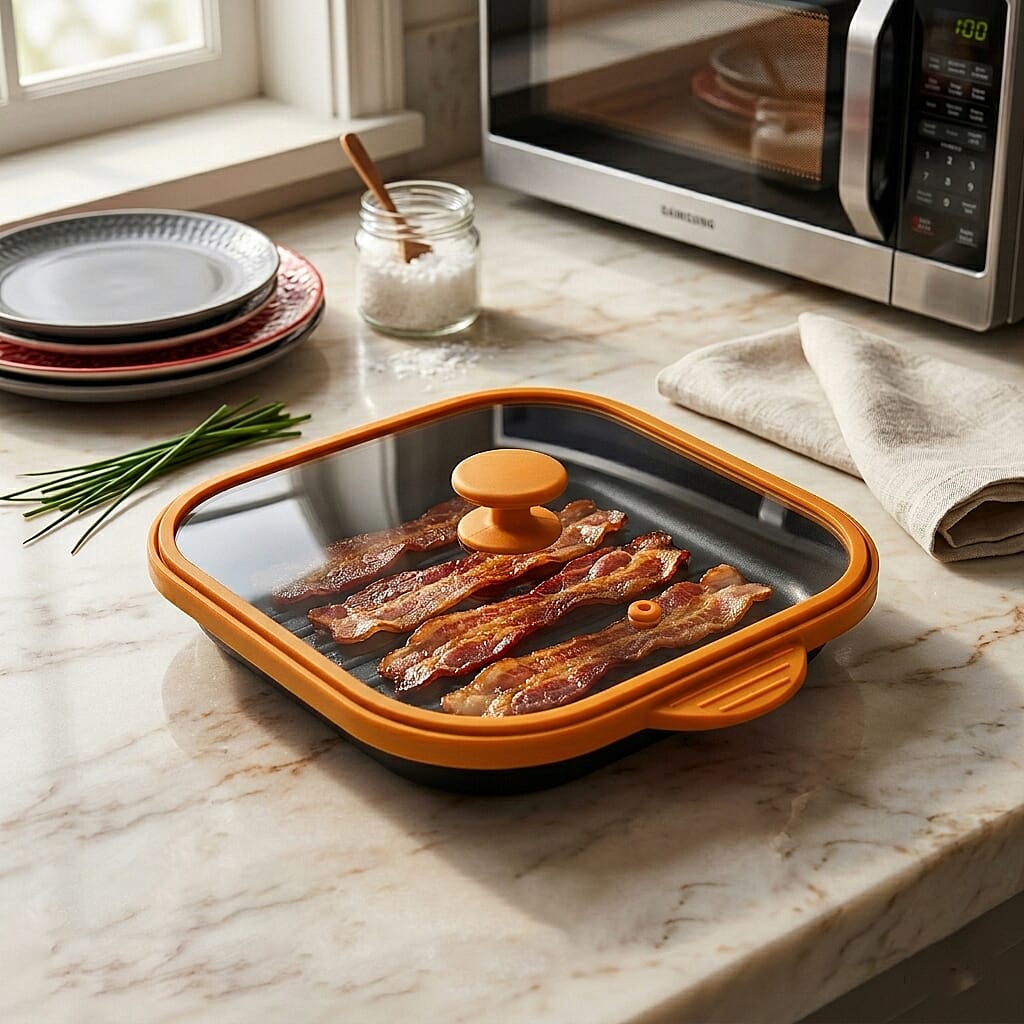 One Time Deal- Microwave Pan - Non-Stick Silicone & Glass Cookware with Grilling Ridges - Yellow