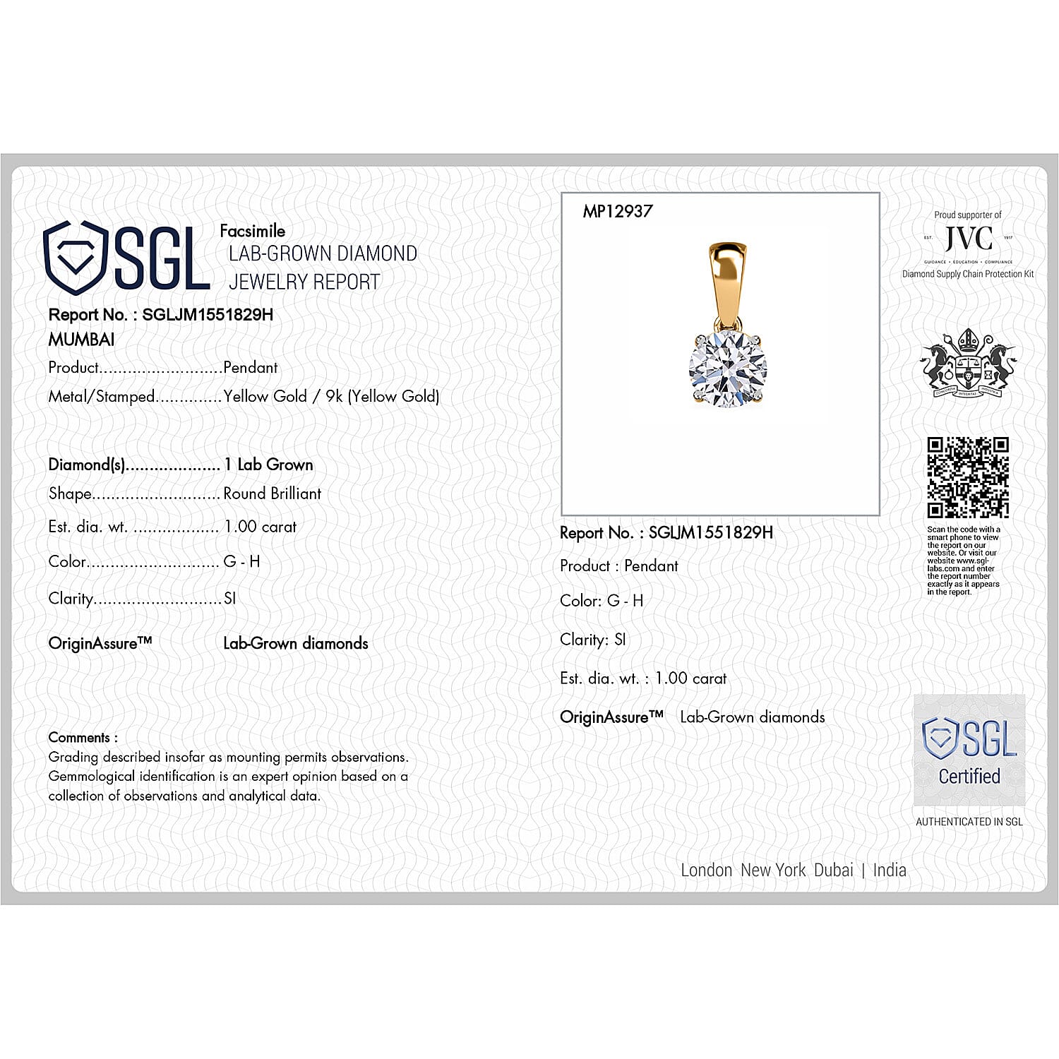 Luxuriant Diamond 9K Yellow Gold SGL Certified SI-GH Lab Grown Diamond Pendant 1.00 Ct.