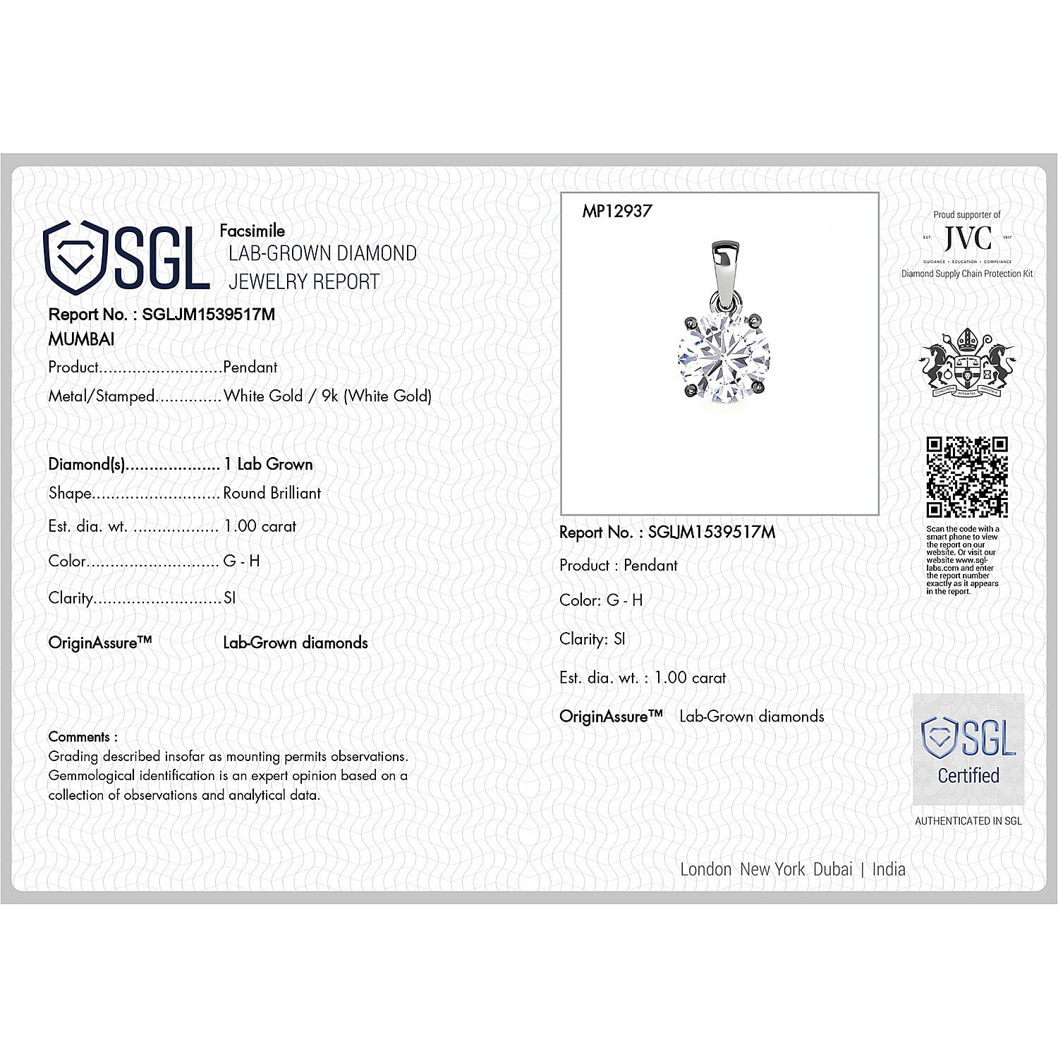 Luxuriant Diamond -9K White Gold SGL Certified SI-GH  Lab Grown Diamond Pendant 1.00 Ct.