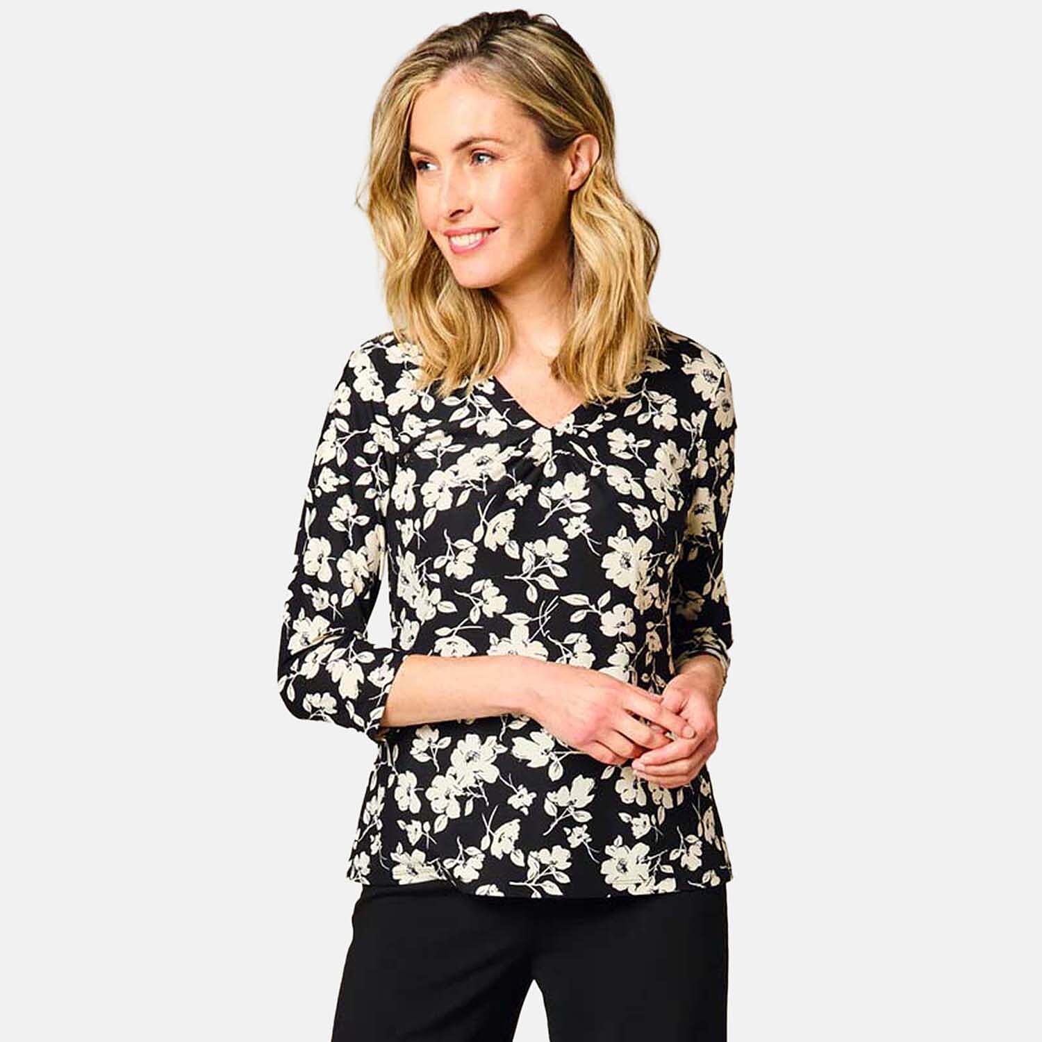 Emreco 3-4 Sleeve V Neck Floral Print Knitted Top - Black White