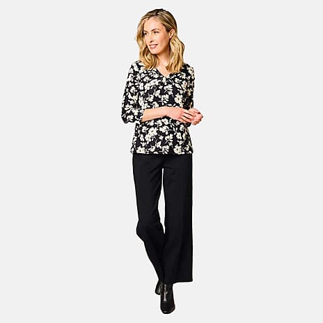 Emreco 3-4 Sleeve V Neck Floral Print Knitted Top (Size - 12) - Black White