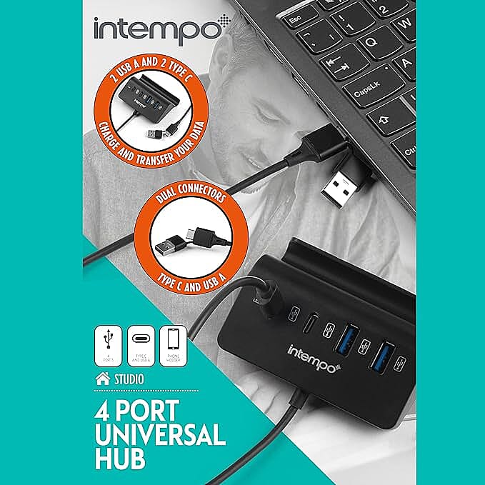 Intempo 4 Port USB Data Hub and Phone Holder - Black