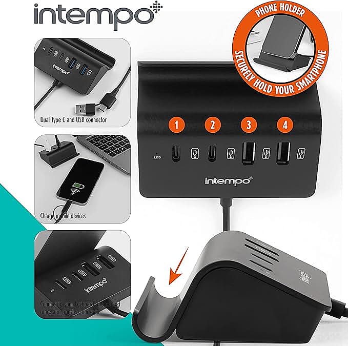 Intempo 4 Port USB Data Hub and Phone Holder - Black