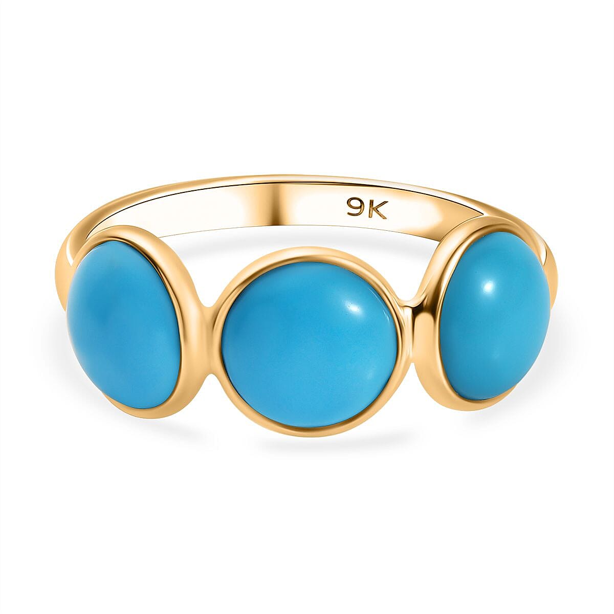 9K Yellow Gold Sleeping Beauty Turquoise 3 Stone Ring 3.43 Ct.