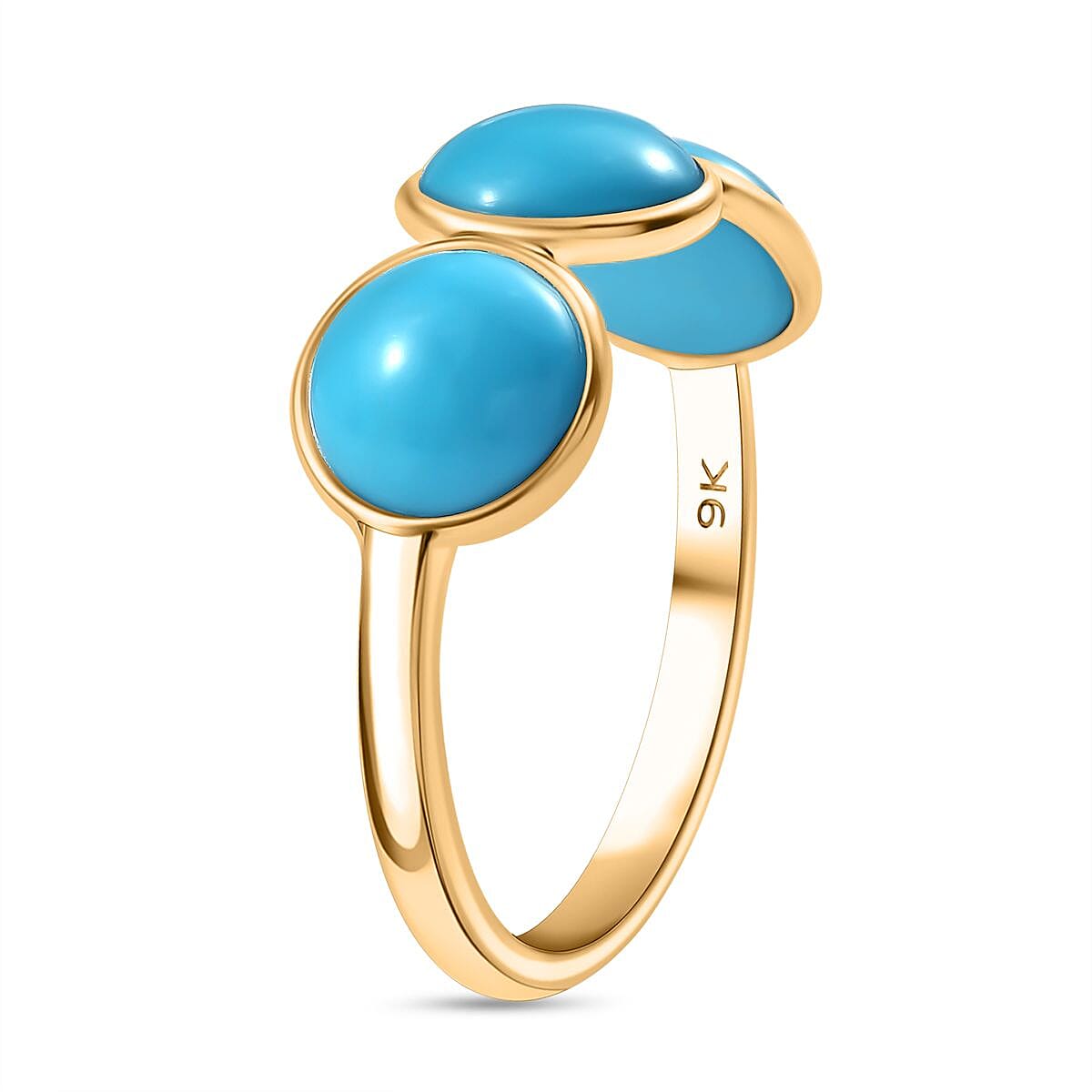 9K Yellow Gold Sleeping Beauty Turquoise 3 Stone Ring 3.43 Ct.