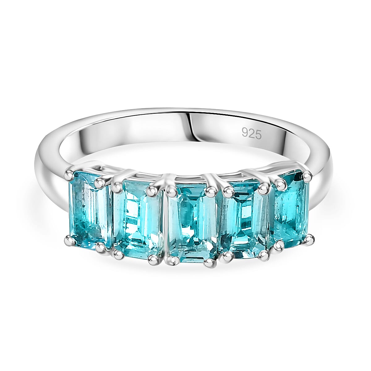 Blue Apatite 5 Stone Ring in Rhodium Overlay Sterling Silver 1.50 Ct.