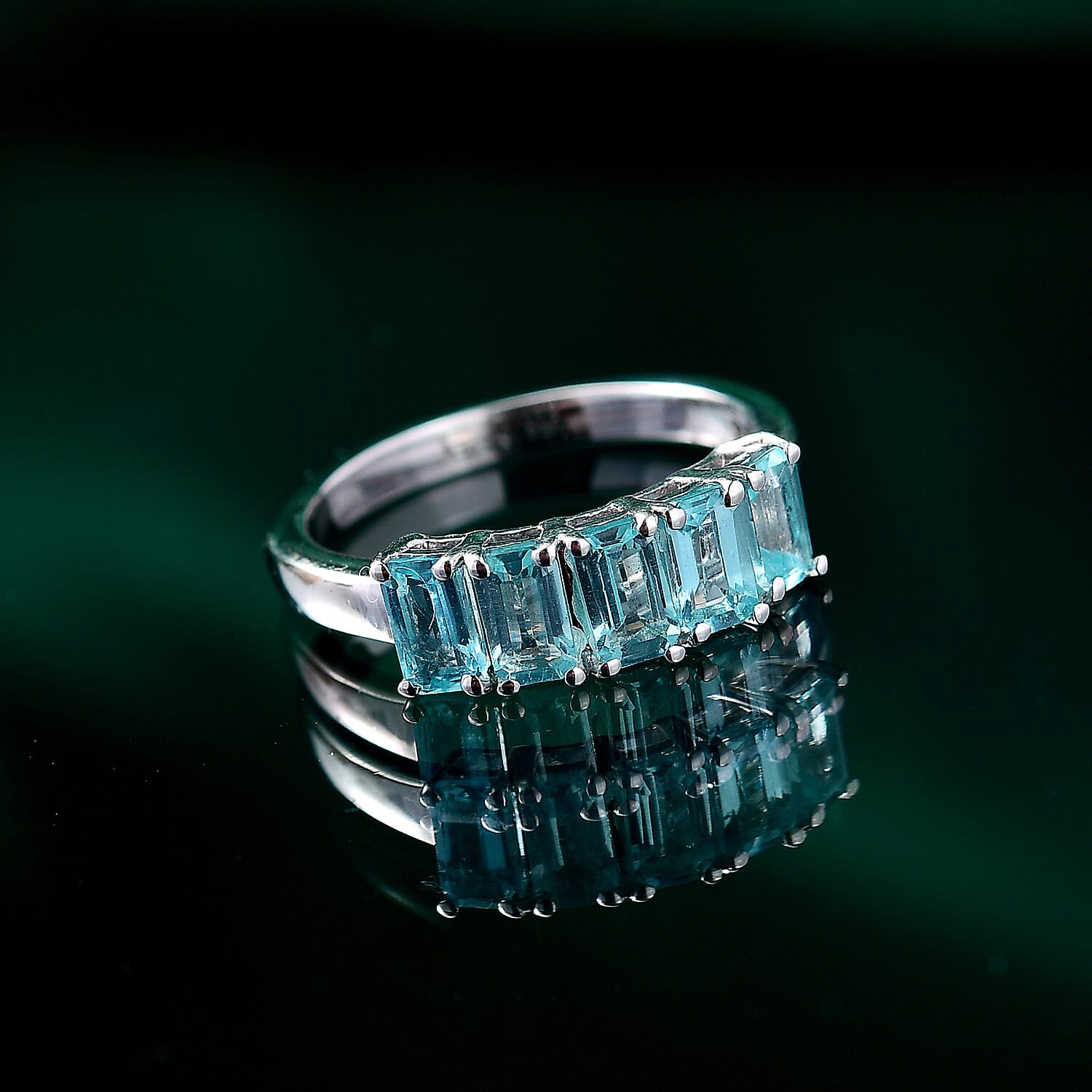 Blue Apatite 5 Stone Ring in Rhodium Overlay Sterling Silver 1.50 Ct.