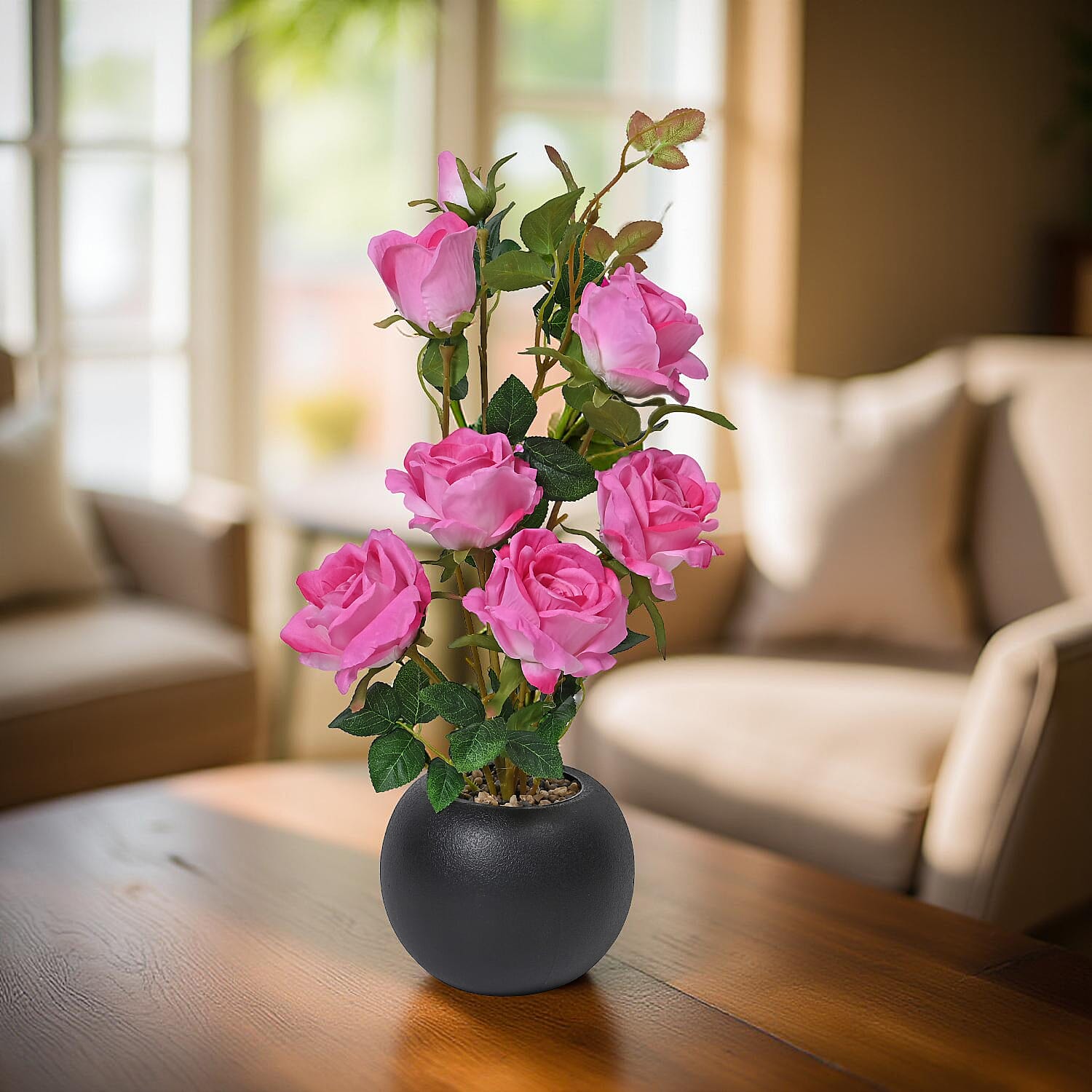 Lifelike Artificial Rose with Ceramic Pot - Deep Pink