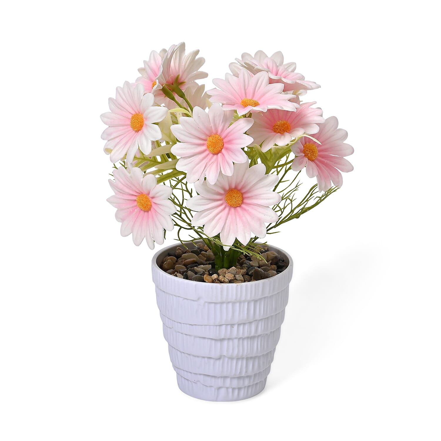 Set of 2- Artificial Light Pink Daisy Flowers in Golden Pot - 7 Branches, 14 Flowers (Size 25x11cm)