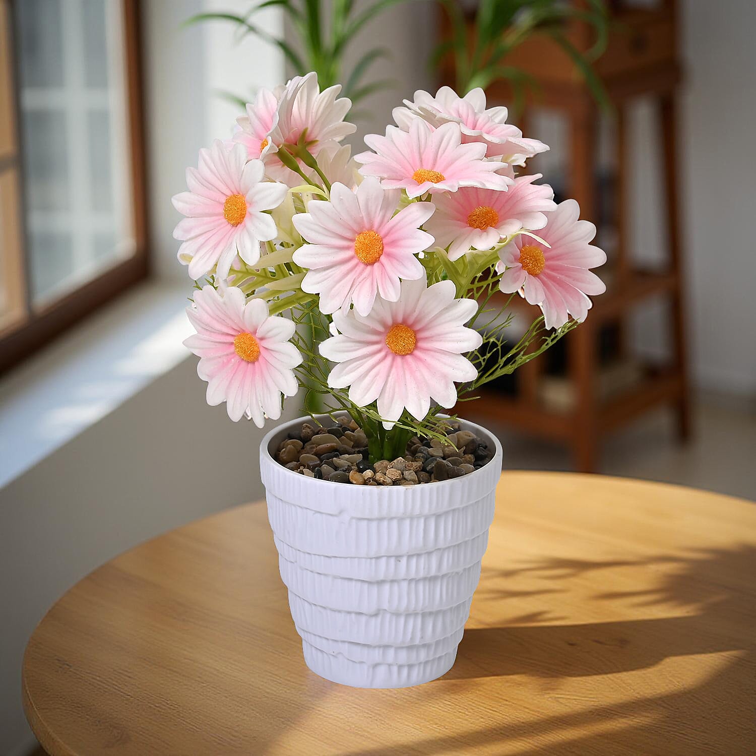 Set of 2- Artificial Light Pink Daisy Flowers in Golden Pot - 7 Branches, 14 Flowers (Size 25x11cm)