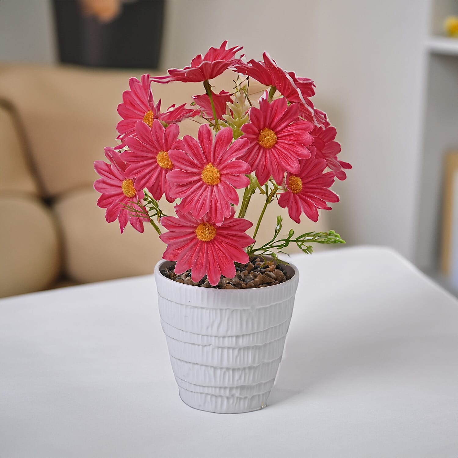 Lifelike Artificial Daisy Flower with Golden Metal Pot - Pink