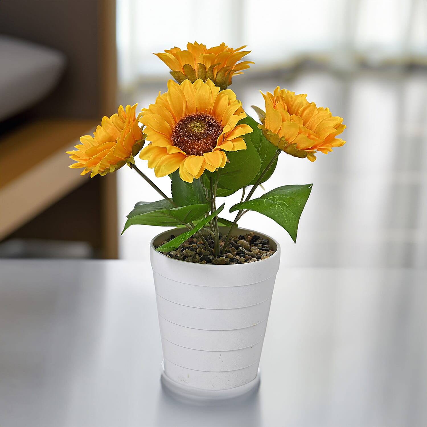 Set of 2- Artificial Sunflowers in Golden Pot - 5 Flowers (Size 35x14cm)