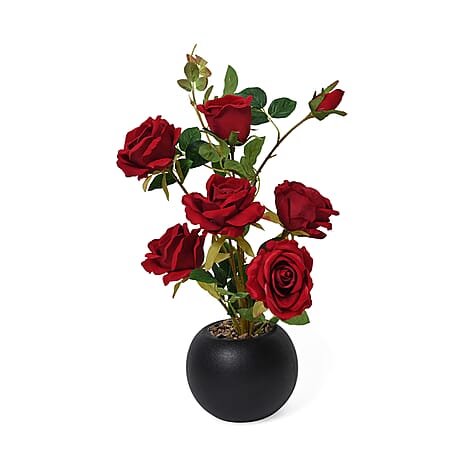 Artificial Red Rose Plant in Black Pot - 6-Flower, 1-Bud (Size 60x17cm)
