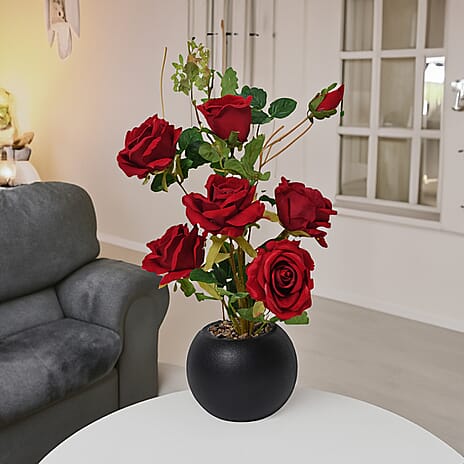 Artificial Red Rose Plant in Black Pot - 6-Flower, 1-Bud (Size 60x17cm)