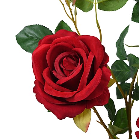 Artificial Red Rose Plant in Black Pot - 6-Flower, 1-Bud (Size 60x17cm)